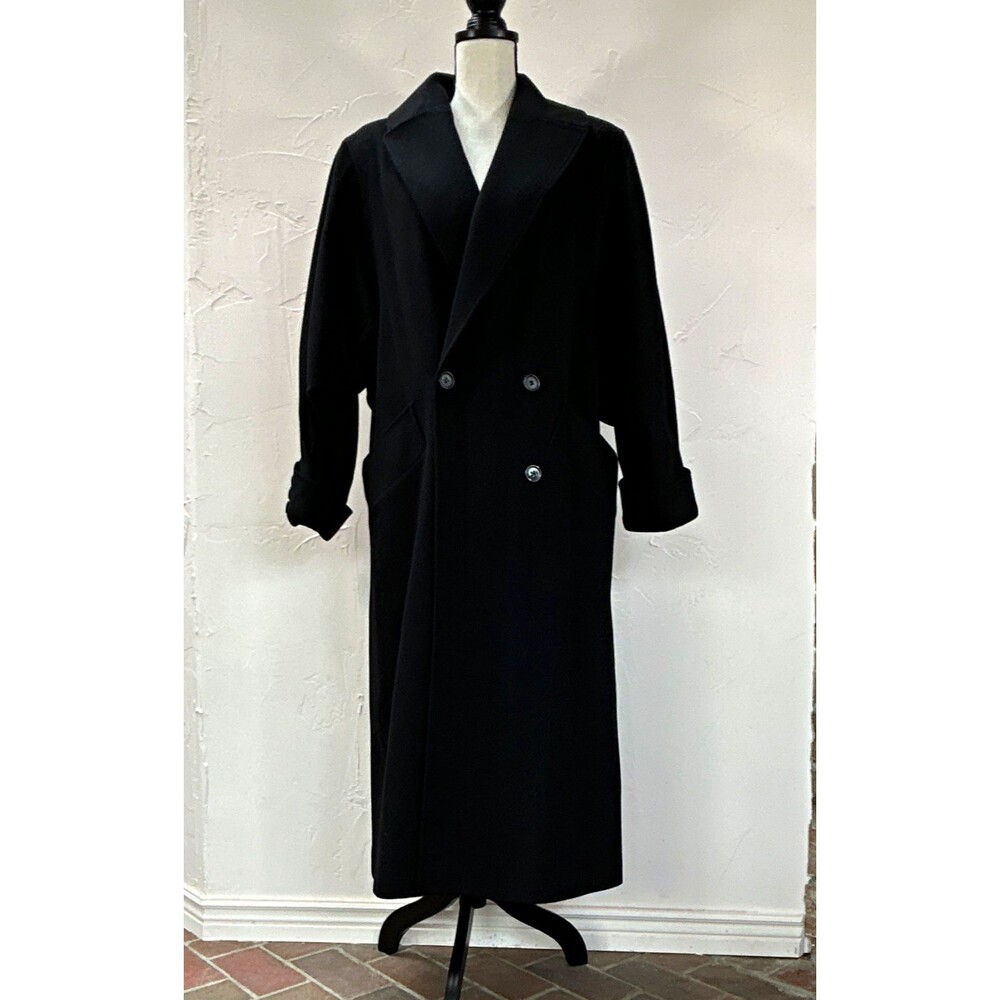 Vintage 80s Gemini Black Wool Long Overcoat Notch Collar Pockets Womens M-L